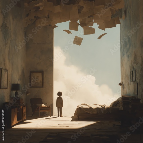 A child stands in a dim room filled with floating papers, gazing out into a bright, cloudy sky through a large open doorway.