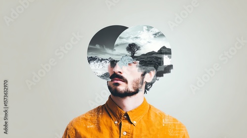 A creative double exposure image blending a man's portrait with serene outdoor landscapes, symbolizing imagination and connection to nature.