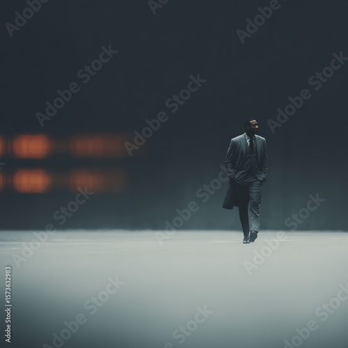 A solitary man in a suit walks confidently across an empty space with a dark, minimalist background and warm light reflections on the left.