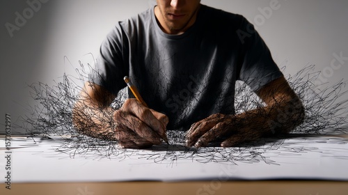 A man sketches with a pencil, surrounded by dynamic, flowing lines that extend from his hands, blending creativity with motion on a blank surface.