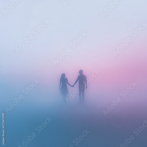 Two people holding hands walk through a dreamy, pastel-colored fog blending blue and pink hues.