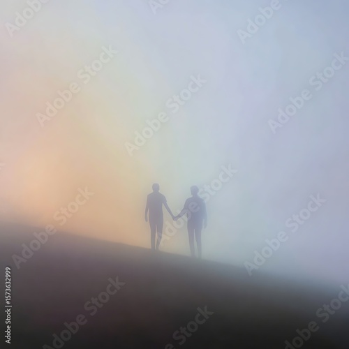 Two silhouetted figures hold hands, walking together in a misty, ethereal landscape with soft pastel light blending into the fog.