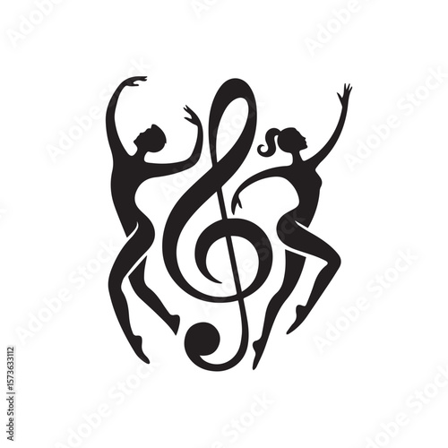 Silhouettes of two graceful ballet dancers in dynamic poses, intertwined with a prominent treble clef symbol, representing the harmonious blend of dance and music