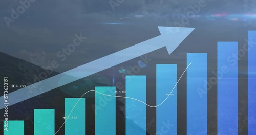 Bars rising, arrow climbing upward while trend line waving, labels updating showing upward momentum