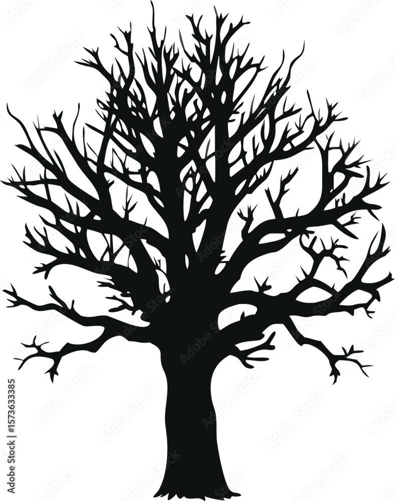 Fototapeta premium Bare Tree Silhouette with Twisted Branches, Gothic Vector Illustration