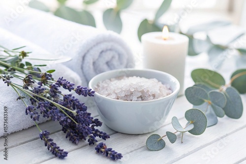 Spa setting with towels, candle, and bath salts with lavender
