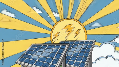 Animated Illustration of Solar Panels Under Bright Sun with Lightning Bolts in Sky