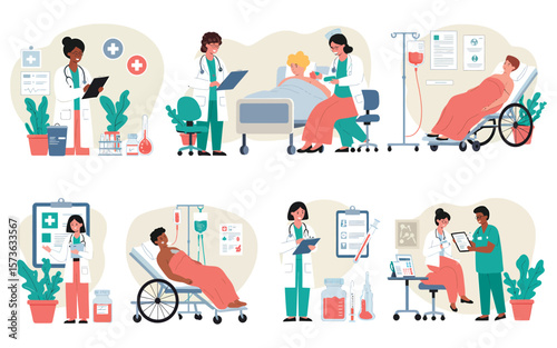 Diverse medical staff tending to patients with charts IV drips and bedside care.