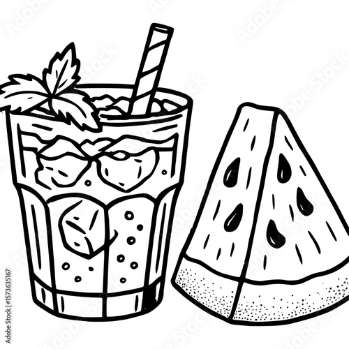 Watermelon Drink with Ice and Mint Hand Drawn Line Art