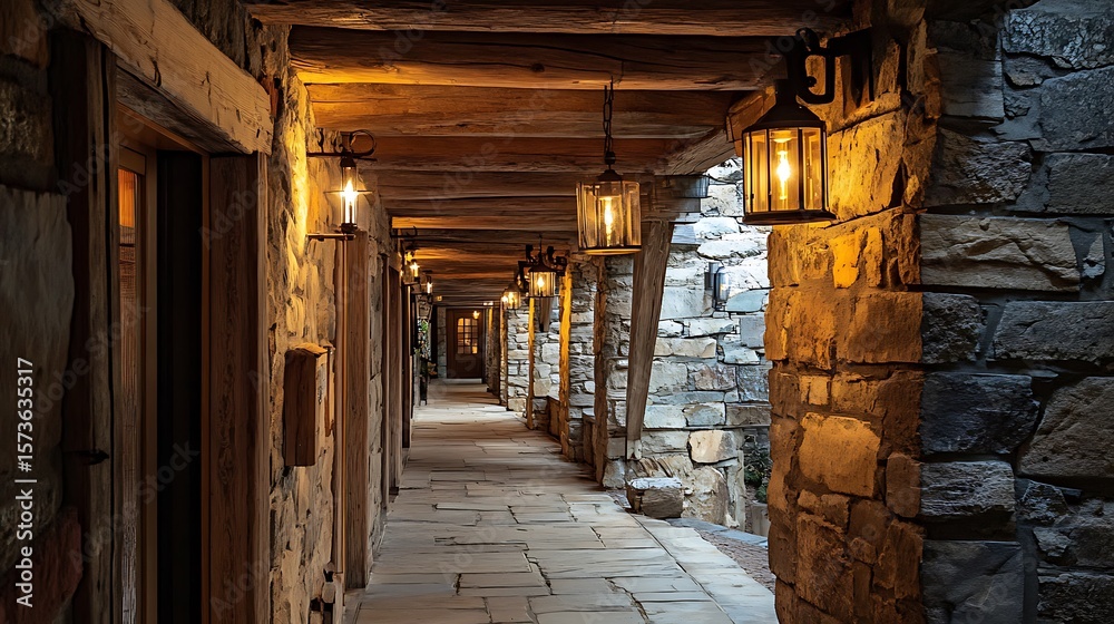 Fototapeta premium Stone Hallway with Lanterns and Wood Beams at Dusk