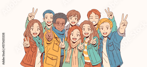 Diverse group of cheerful friends posing with peace signs. They stand together expressing joy and unity. The background is a plain light color, enhancing their playful mood.