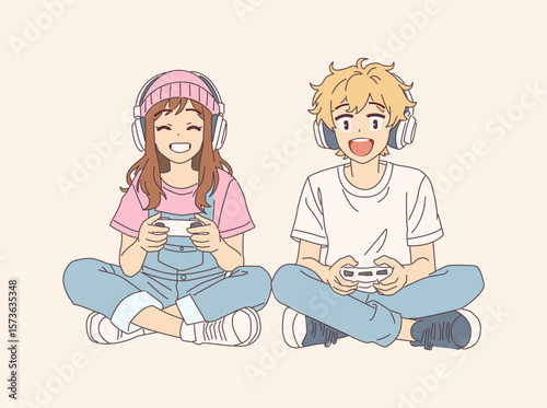 Illustration of cheerful anime teens gaming in casual outfits. They sit crosslegged with controllers in hand, wearing headphones, and express enjoyment on a plain background.