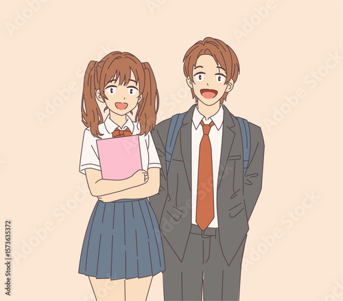 Anime illustration of a smiling schoolboy and schoolgirl in uniform. They stand happily with books and backpacks. Pastel background enhances cheerful school vibe.