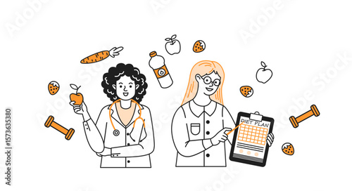 Cartoon depiction of a curlyhaired nutritionist and a blonde dietitian discussing healthy eating. Surrounded by fruits and fitness items on a white background.