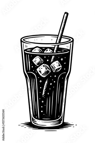 Isolated soda drink glass with ice and straw in black and white woodcut style