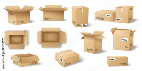 Realistic illustration of several cardboard boxes in various positions displayed on a white background. Useful for packaging design, shipping concepts, and logistic visuals.