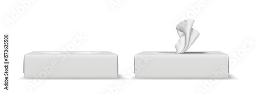 Realistic tissue box mockup with one box closed and one tissue emerging. Simple white background emphasizes clean design. Ideal for product presentations.
