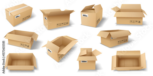 Set of cardboard boxes in different positions and angles. Boxes are open and closed, featuring realistic details and icons. Perfect for storage, shipping, or packaging design.