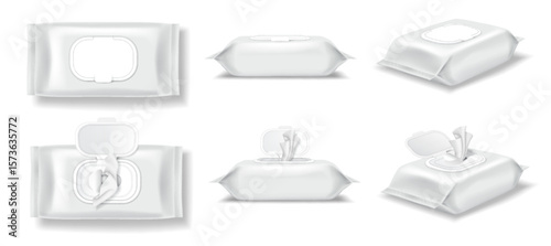 Realistic illustration of wet wipes packages in various angles, white and clean, ideal for hygiene product advertising and design on a neutral background.