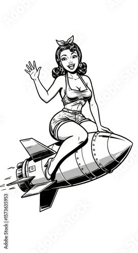 Illustration Of Vintage Pin-up Girl On Rocket In Black And White Style