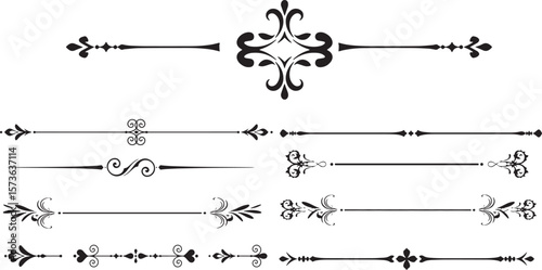 Set of ornate black horizontal rule lines and decorative page dividers with flourishes.