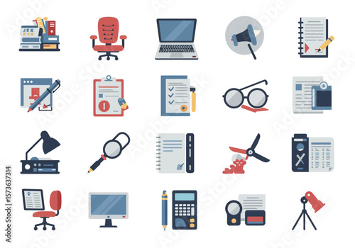 A collection of assorted office supply and workrelated icons arranged in a grid