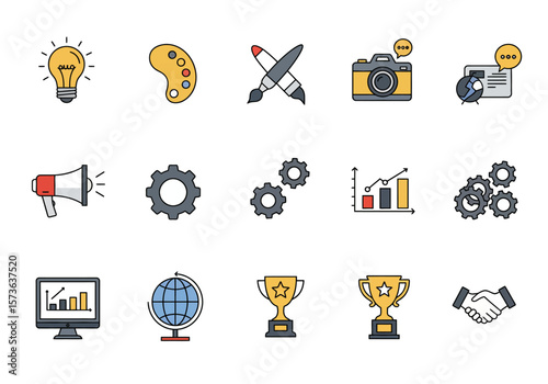 Assorted graphic icons depicting ideas art communication and success arranged in a neat grid
