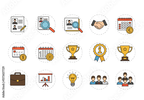 Fifteen circular icons depict business elements like resumes handshakes calendars trophies and charts