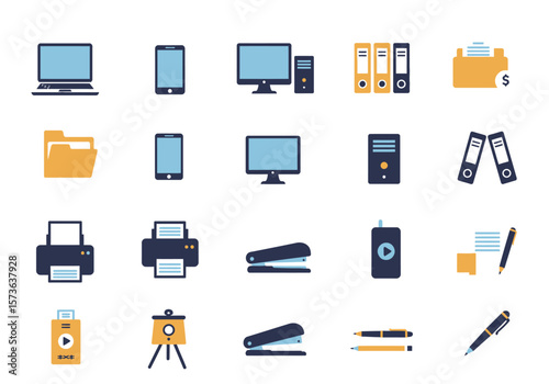 Iconography array showcases office  tech items laptop phone PC files folders printers staplers pens easel USB