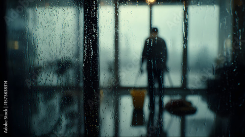 Reflection of Cleaner with Mop Behind Rainy Window in Modern Space