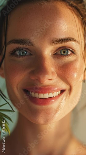 A close-up portrait of a woman with freckles and blue eyes bathed in warm golden light, vertical video