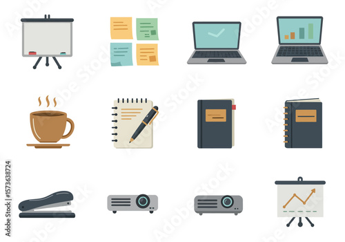 Twelve icons include office staples whiteboard laptop coffee  stapler