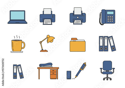 Twelve officethemed icons of common office items