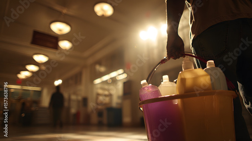 Person Carrying Cleaning Bucket in Bright Indoor Space