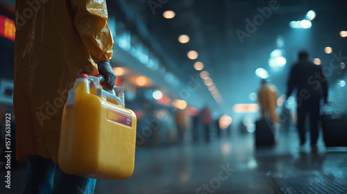 Individual Holding Yellow Container in Industrial Atmosphere