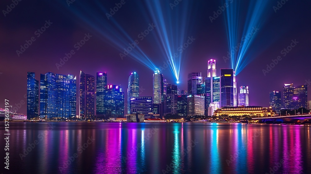 Fototapeta premium City Skyline at Night with Light Display Reflecting in Water