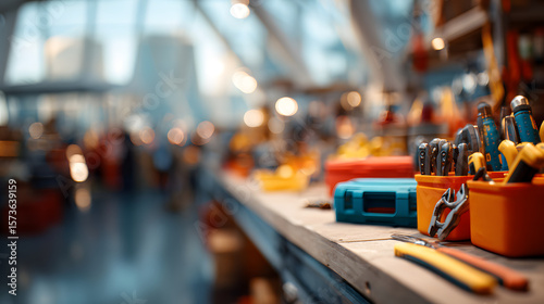 Colorful Hand Tools and Workshop Supplies on a Wooden Table Surface