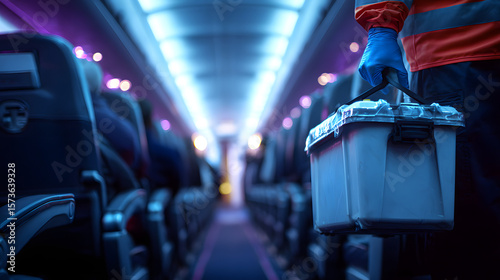 Flight Attendant Holding Service Kit Inside Airplane Cabin