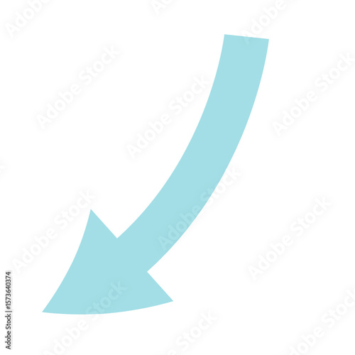 Curved blue arrow moving downward to the left, ideal for infographics, process diagrams, or flowcharts, clean white background, vector format.