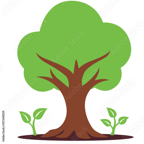 Flat vector of a large green tree with small sprouts around it. Great for eco themes, sustainability, and educational nature projects.