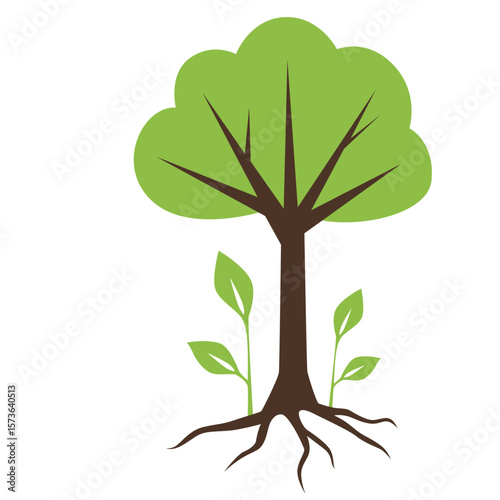 Flat vector of a tree with visible roots and small green leaves. Perfect for ecology, reforestation, or environmental education projects.