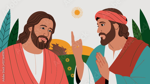 Illustration of Two Men Conversing in a Pastoral Setting with Stylized Elements