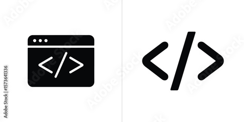Code Icon Browser Window with Angle Brackets and Standalone Tag Symbol, Black and White