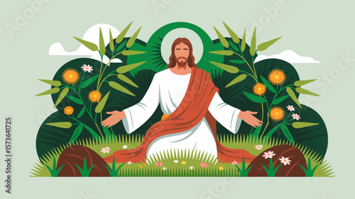 Depiction of a Spiritual Figure Blessing the Natural World with Vibrant Colors