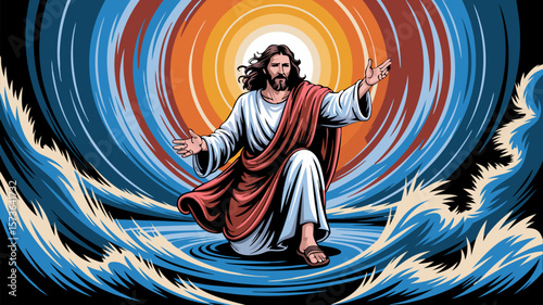 Artistic depiction of a man in a robe with outstretched arms surrounded by stylized waves
