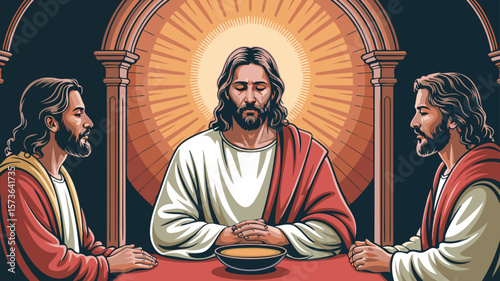 Artistic Illustration Featuring Religious Figures in a Symbolic and Contemplative Setting