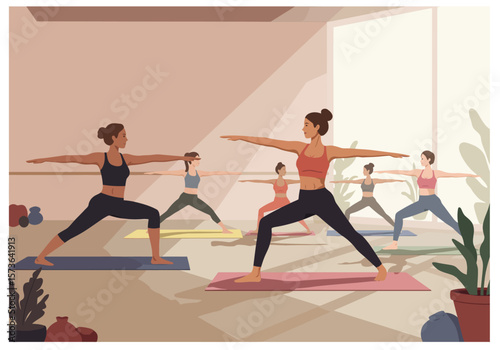 Woman in Fierce Warrior Pose Yoga Practice Athletic Build Focused Expression.