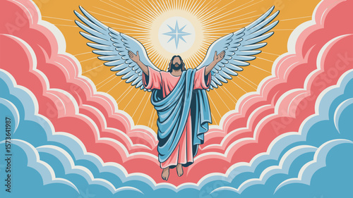 Vector illustration depicting a figure with wings surrounded by clouds and rays of light