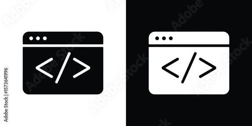 Code Window Icon in Black and White, Featuring Angle Brackets for HTML Programming