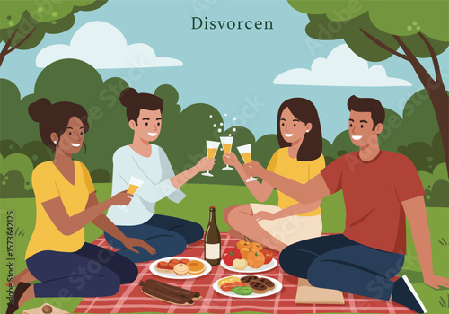 Four Friends Enjoying Picnic Toasting with Champagne Glasses Celebrating Outdoors.